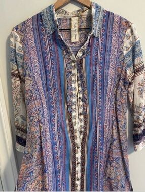 Aratta Silent Journey Blue Floral Cotton Long Sleeve Corset Back Tunic Blouse S